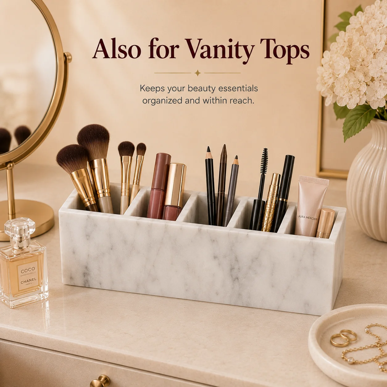 Natural White Marble Desk Organizer, Multi-Compartment Stone Pen Holder, Makeup Brush Storage for Bathroom Office Vanit