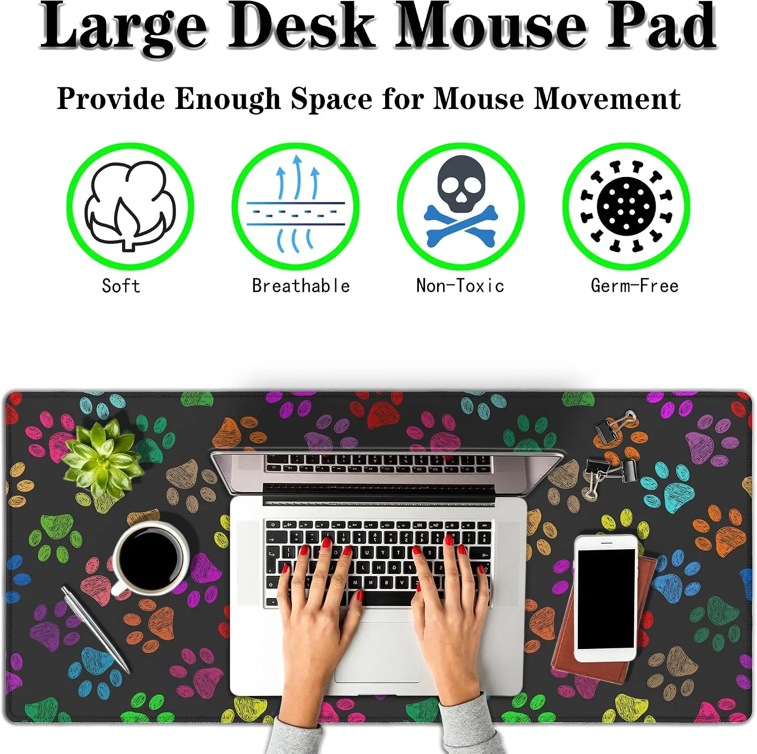 Rainbow Paw Print Large Desk Mouse Pad, Hand‑Drawn Bright Pet Footprint Art Pattern, Non‑Slip Mat For Gaming Office Desktop