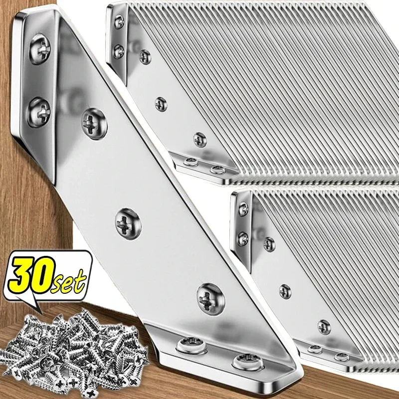 30/1x Stainless Steel Furniture Corner Brackets Angle Universal Shelf Fixing Corner Connector for Cabinet Brace Kits with Screws