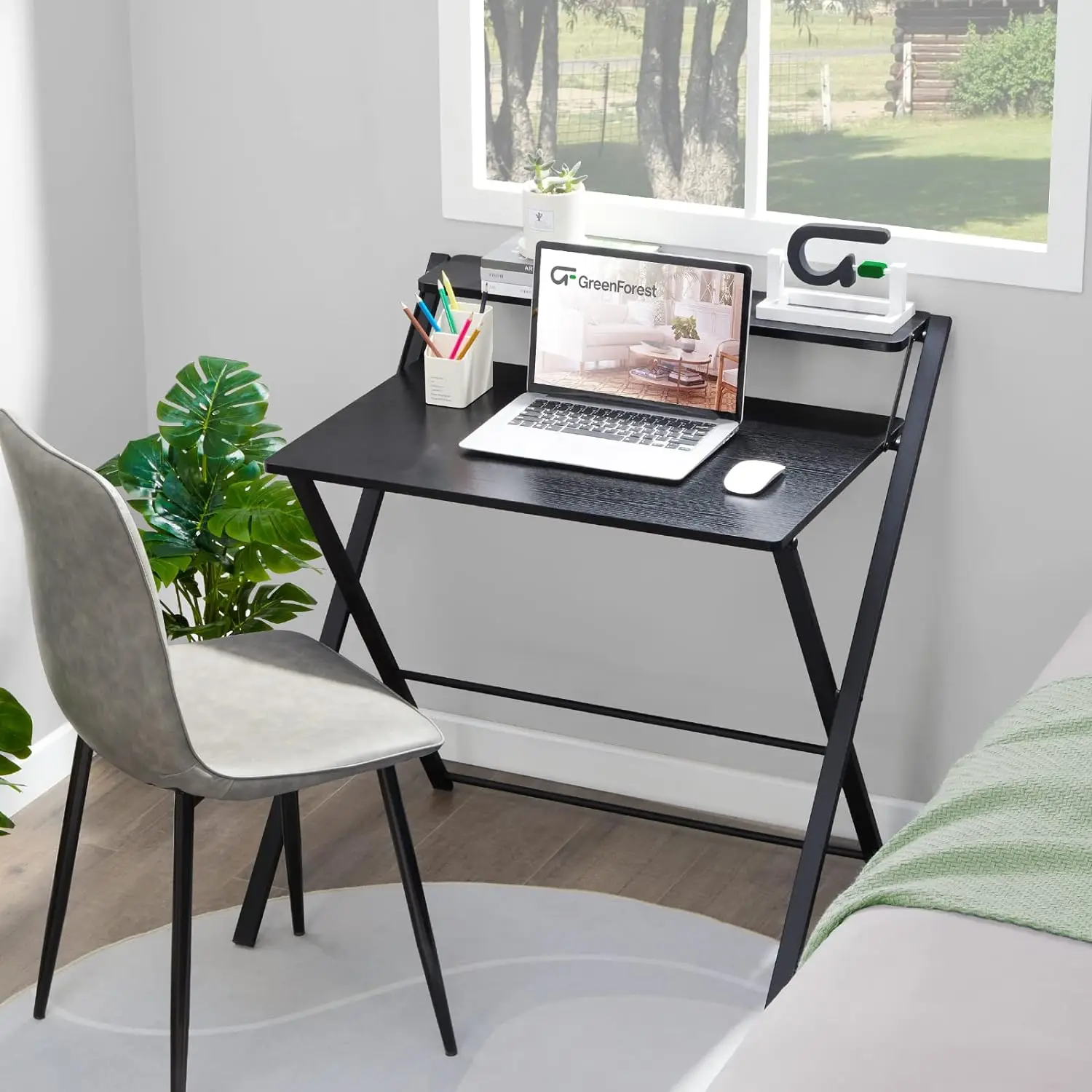 Small Folding Computer Desk, 2 Tier, No Assembly Required, 27.3x22 Inch, Expandable Table, Space Saving, Convenient, Comfortable