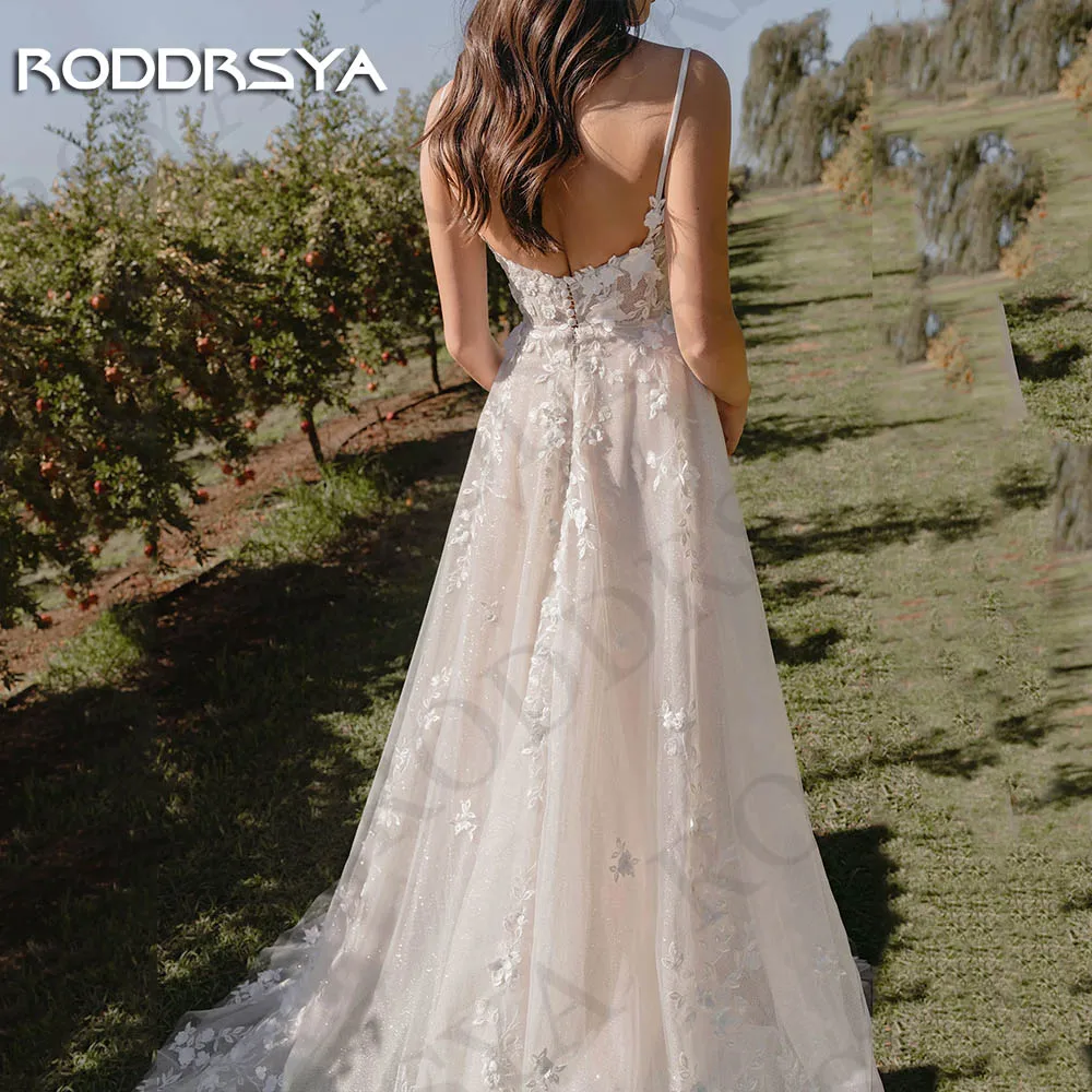 RODDRSYA-vestido de novia de tul brillante para mujer, traje de novia con tirantes finos, Espalda descubierta, 2024 Sparkly Tul Vestido De Novia