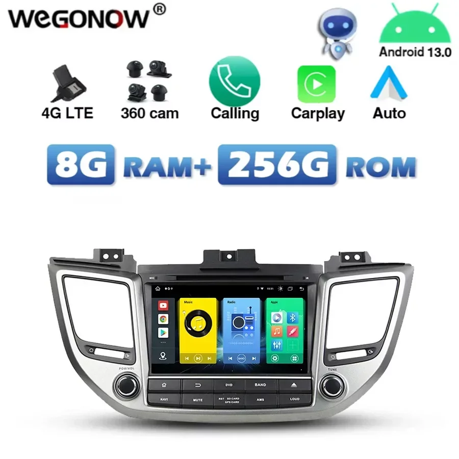 360 CAMERA 720P 4G SIM Carplay Android 13.0 8G+256G Car DVD Player GPS Radio wifi Bluetooth For Hyundai TUCSON IX35 2015 -2017