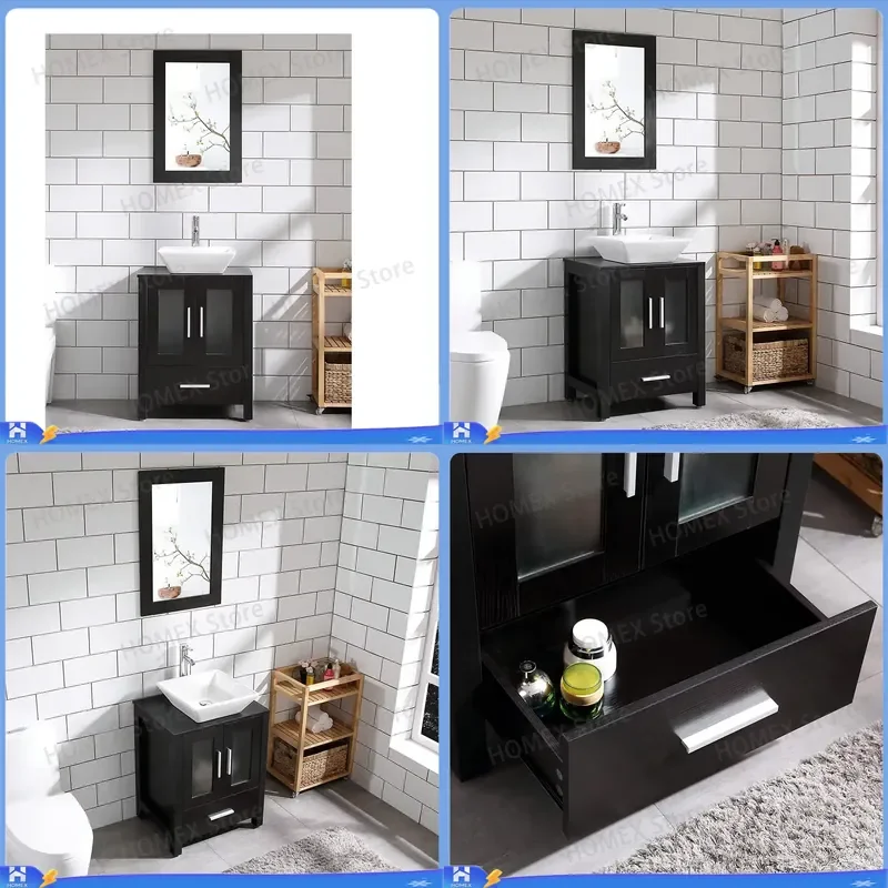 24 Inch Bathroom Vanity with Sink and Faucet Dark Espresso Wood Grain Cabinet Combo Set Includes Drain Mirror Modern Storage