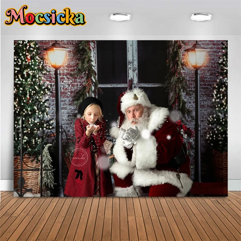 

Mocsicka Christmas Decoration Photography Background Tree Gifts Retro Wooden Doors Brick Walls House Light Photo Backdrop Props