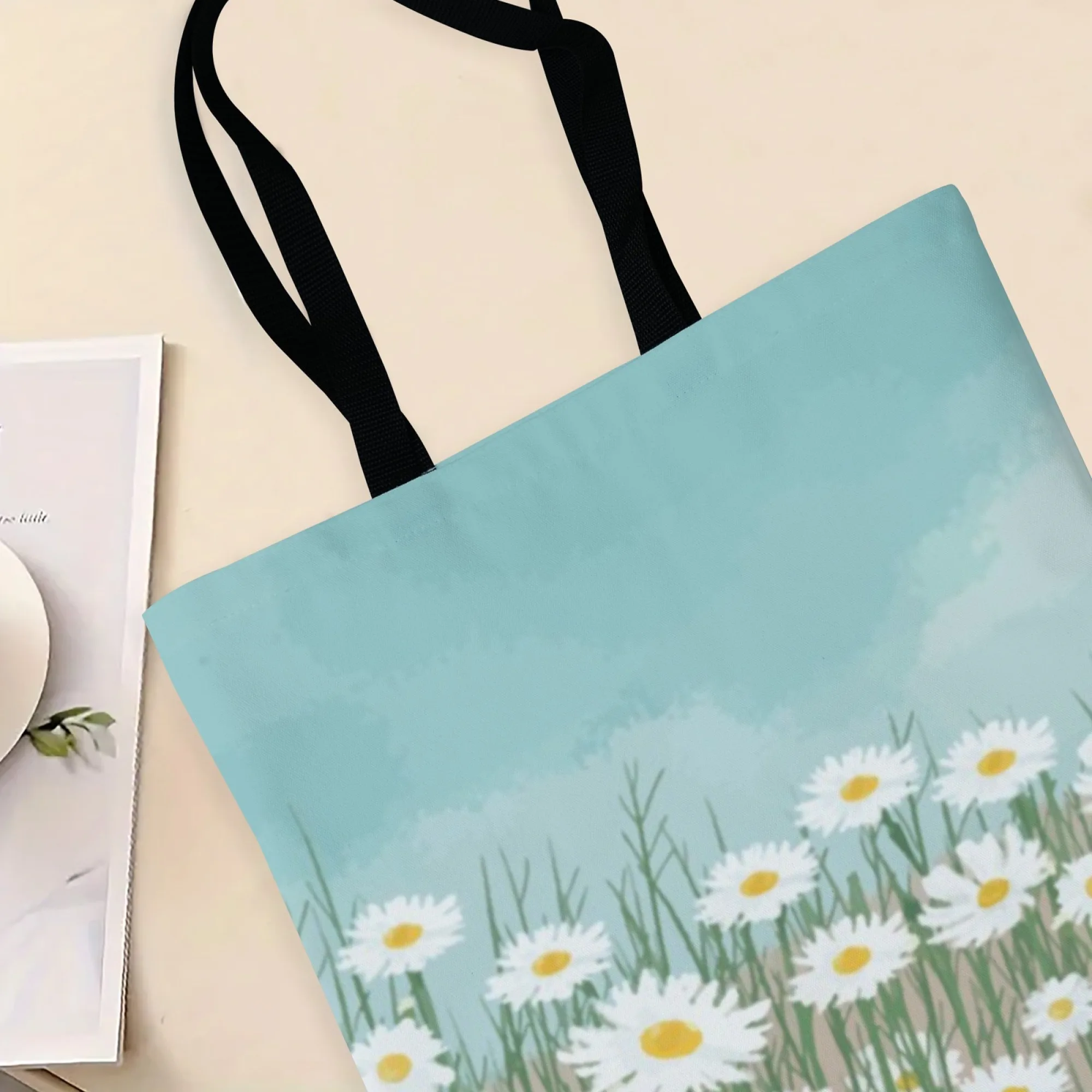 Durable Daisy Rural Canvas Tote Bag Sky Blue Fresh Print Large Capacity Casual Handbag for Women Reusable for Shopping Travel