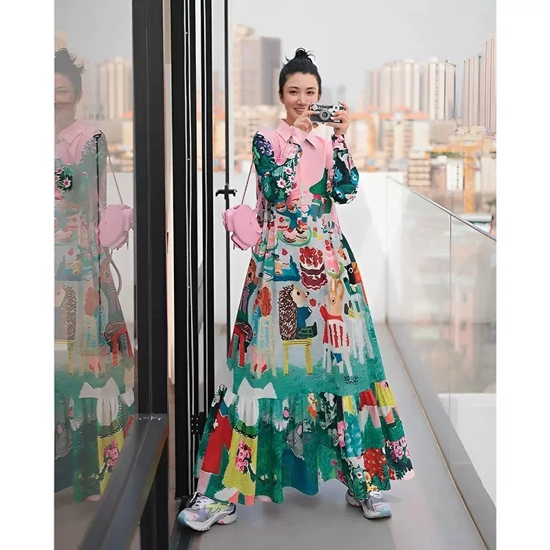 Women Casual Midi Shirt Dress Long Sleeve New Comings Fashion Design Cartoon Print Lady Streetwear Flower Vestidos Large Size