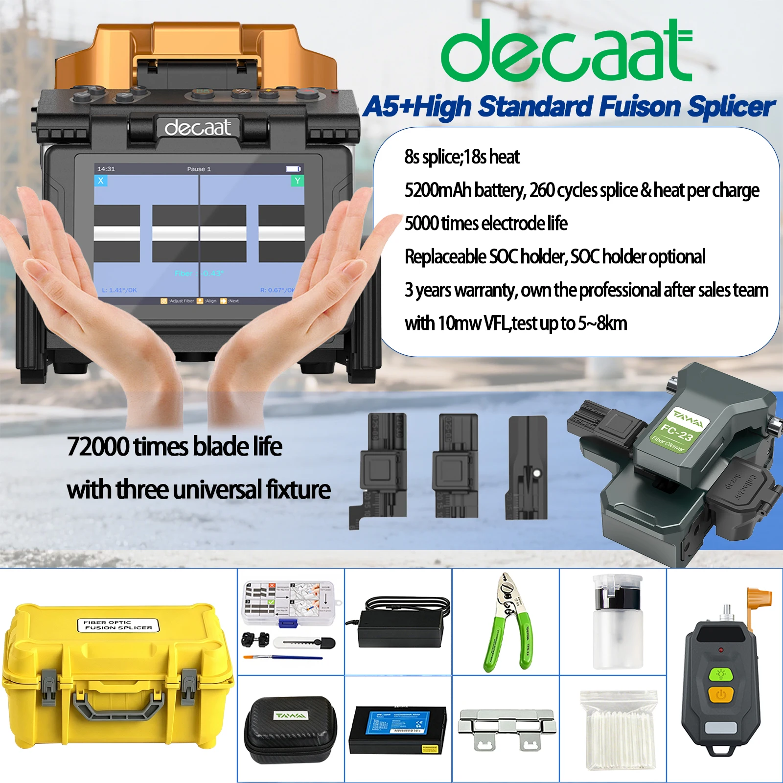 Decaat A5+ High Standard Fusion Splicer Kit 8s Splice Time 5200mAh Battery 72K Cuts Blade Life with VFL&Cleaver for FTTH Work