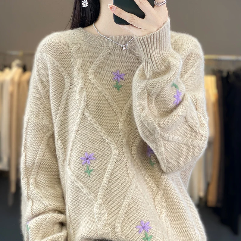 New Autumn Winter Thick O-Neck Pullover female 100% Merino Wool Sweater Embroidered Long Sleeve Sweater Korean Women's Clothes