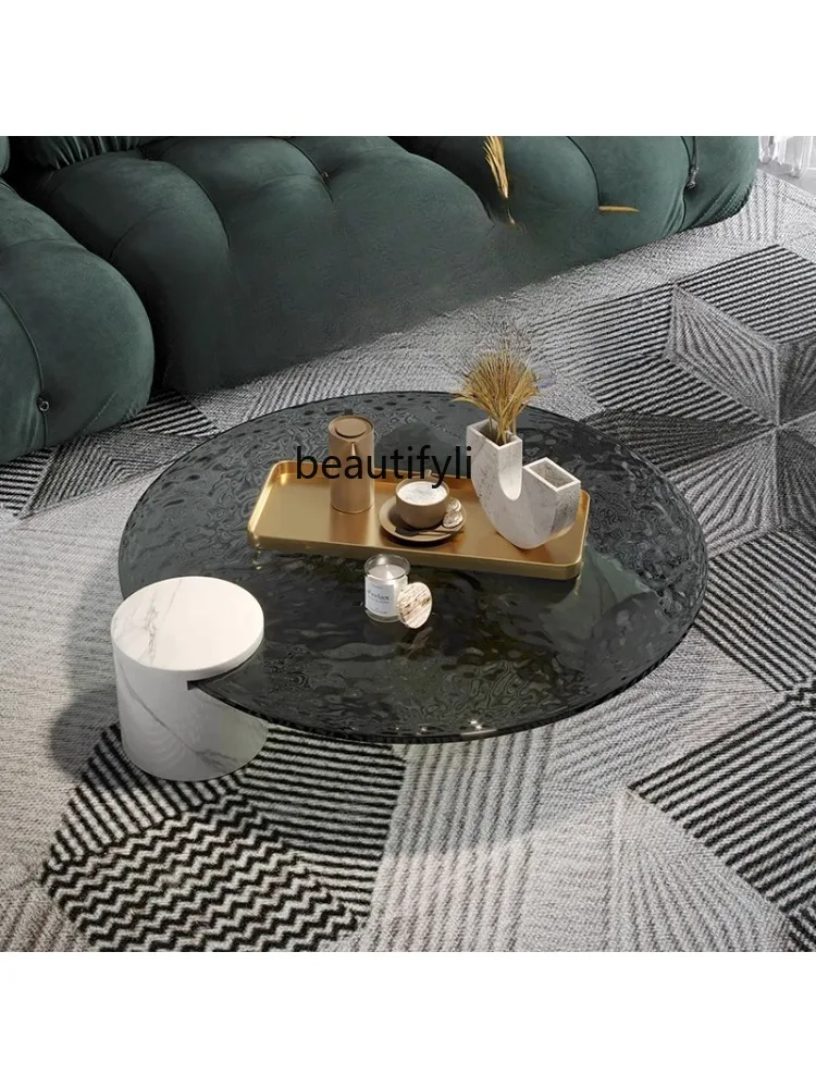 Creative round Designer Natural Marble Water Ripple Hot Melting Tempered Glass Tea Table