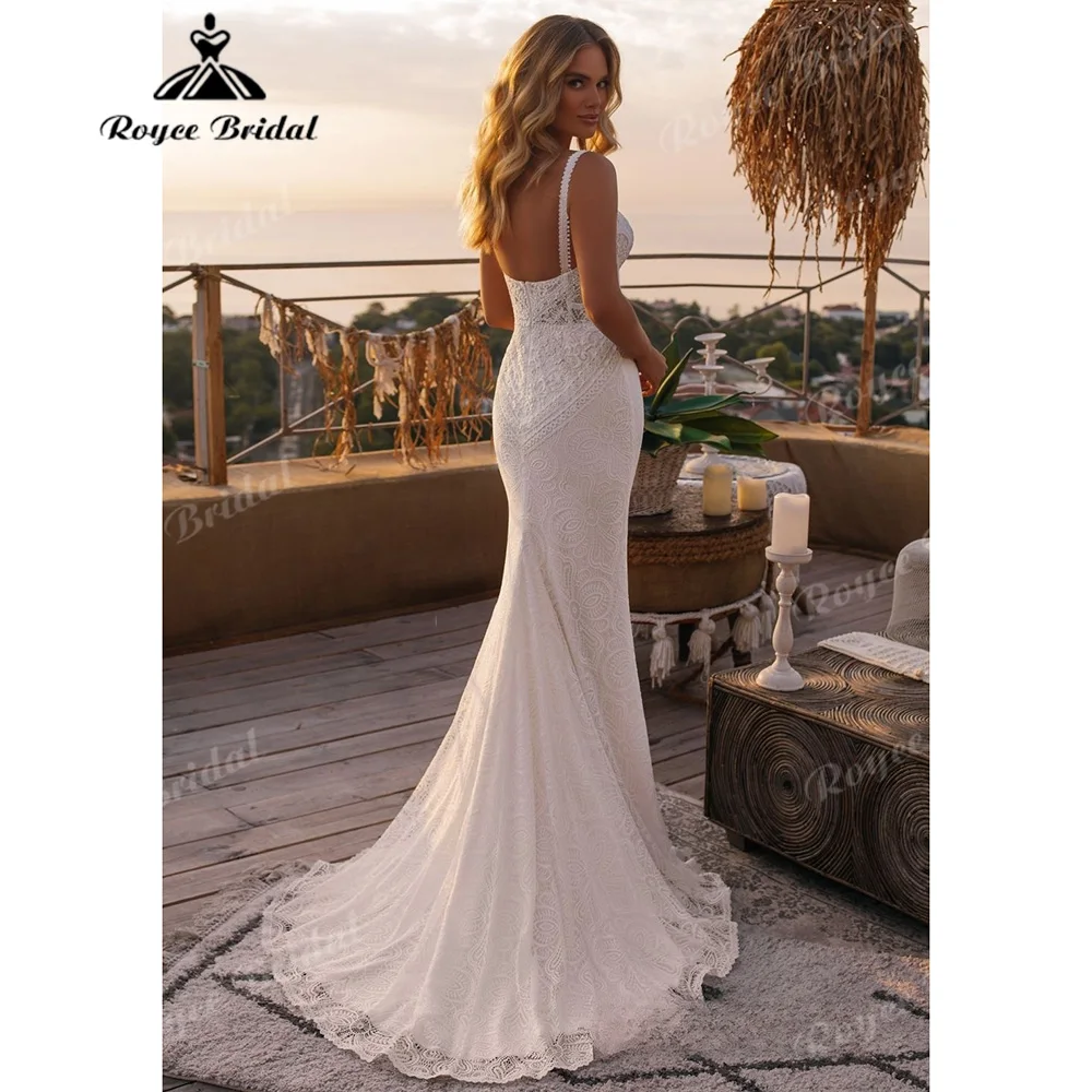 2027 Boho Deep V Neck Mermaid Wedding Dress Geometric Crochet Lace Plunge Bodice Low Back Sweep Train Abiti Da Sposa Customized
