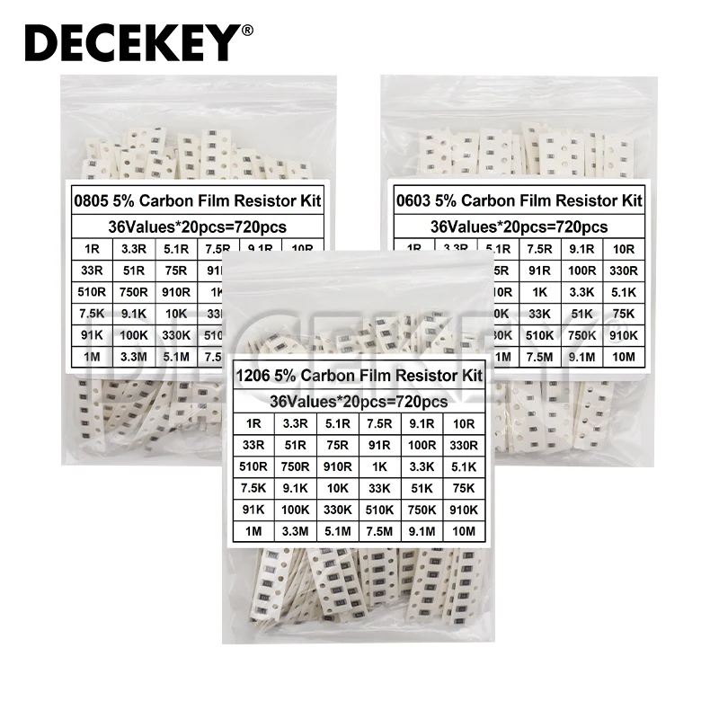 720pcs 5% 0603 0805 1206 SMD Chip Resistor Assorted Kit 1 ohm - 10M 36valuesX20pcs=720pcs Resistance Sample set