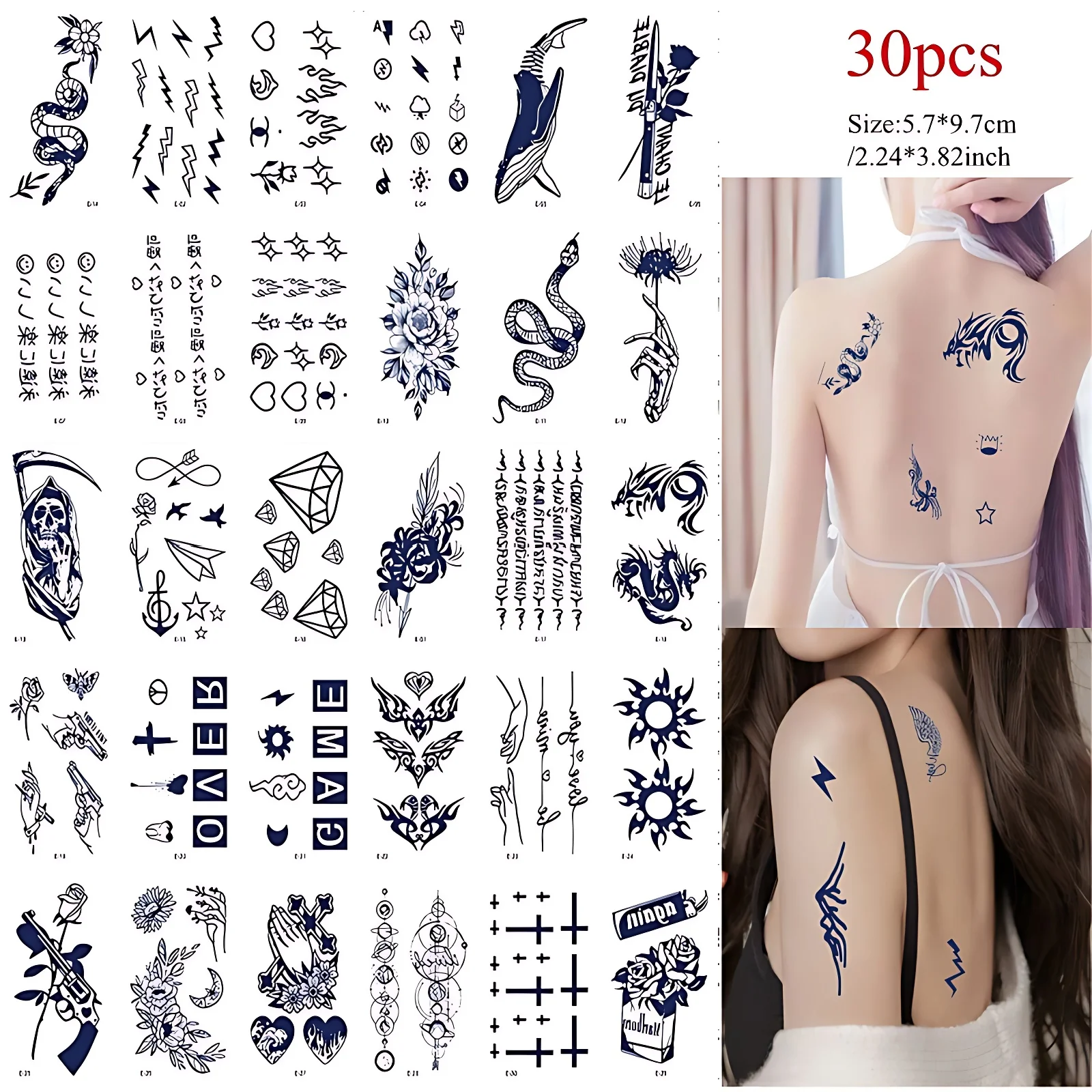 30pcs/pack Herbal Waterproof Juice Tattoo for Men Women Shark Totem Snake Dimond English Letter Semi-permanent Tattoo Stickers