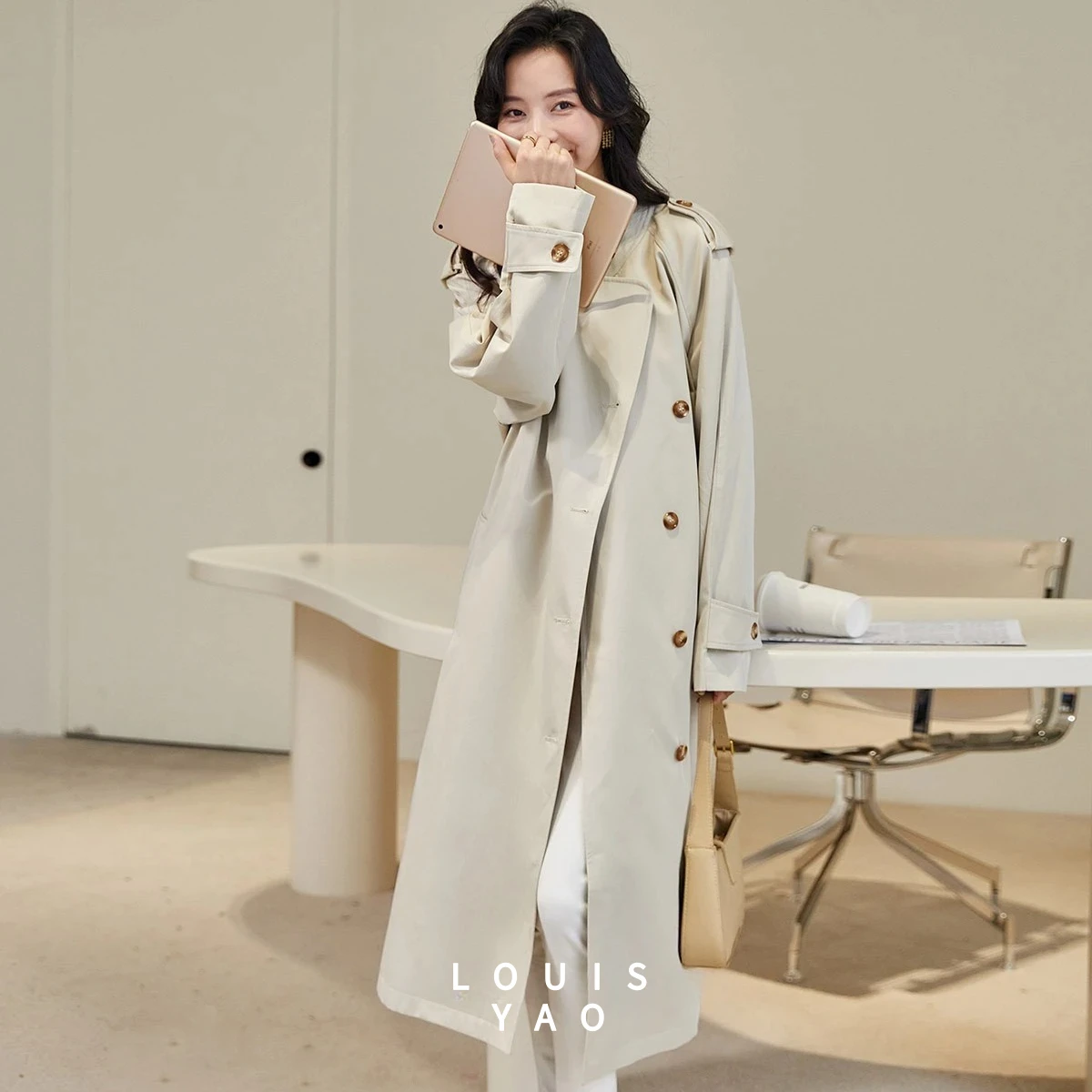 LOUISYAO British Style Stand Up Collar Women's Trench 2025 Spring Autumn Windbreaker Raglan Sleeves Women's Long Coat