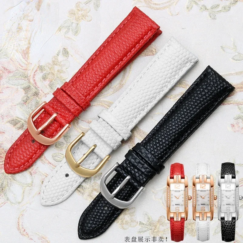 Genuine Leather Watch Strap for Rosdn Watch Band 3136 2057 Lizard Pattern Women's Watch Band 12mm Red White Women's Square