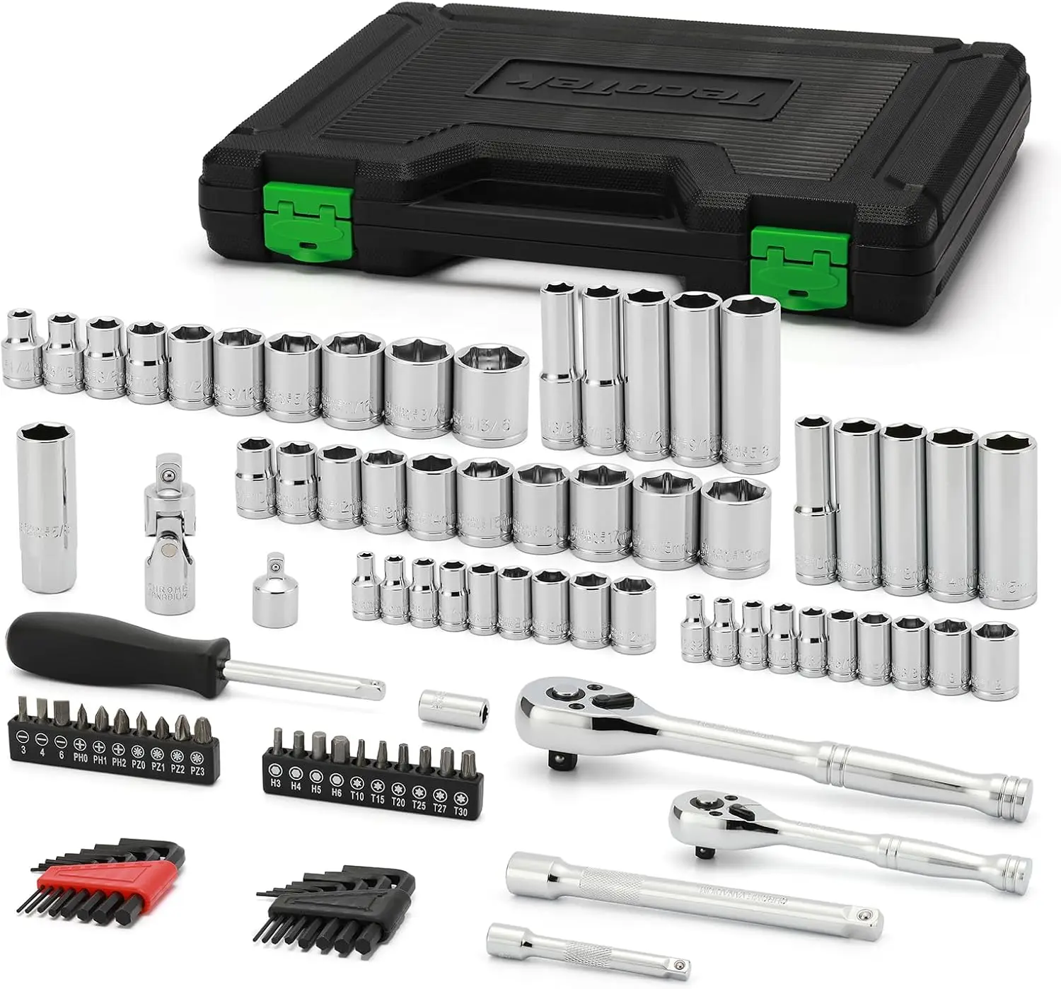 

94pcs 1/4' & 3/8' Drive Socket Set, Ratchet, Extensions, Bits, Spark Plug Socket, Metric/SAE, Chrome Finish