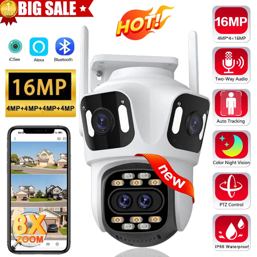 

8K 16MP Video Surveillance Camera WiFi CCTV 8X Zoom Outdoor Wireless 360 Security IP Camera PTZ Four Lens Wi-Fi Cameras ICSee