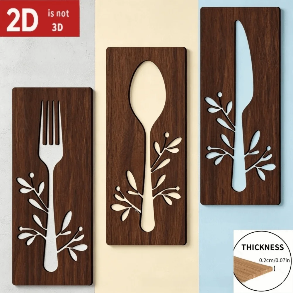 3pcs Fork Kitchen Utensil Wooden Ornament Hollow Out Spoon Wall Sticker Hangings Rustic Style Decorative Creative Wall Art