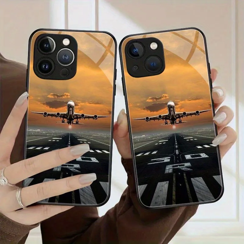 

Airplane Festival Dazzling Print Glass Phone Case For iPhone 16 17 Pro Max 11 12 13 14 15 Pro 16E 17Air 7 8 Plus XR XS X Cover