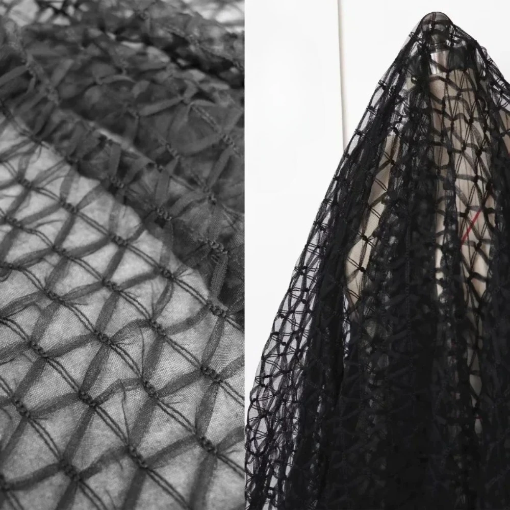Black Mesh Fabric Pleated Texture for Graduation Design Background Cloth Designer Handmade Diy Sewing Polyester Material