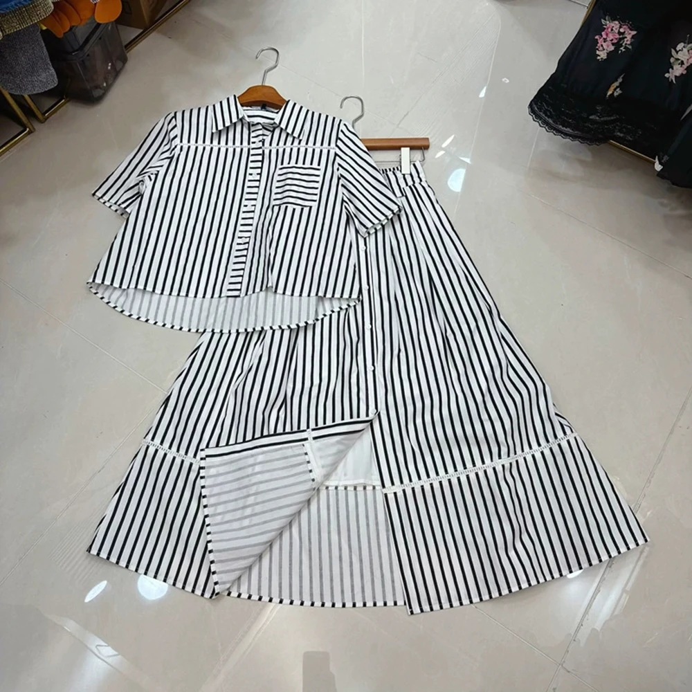 

French style lapel striped short-sleeved shirt + button-down high-waist skirt suit-GZXX314