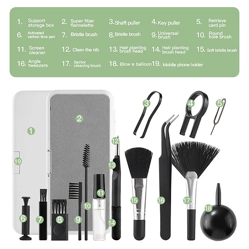 19-in-1 Cleaner Kit Computer Keyboard Brush Screen Cleaning Spray Bottle Set Earphone Cleaning Pen For Phone Camera Screen Clean