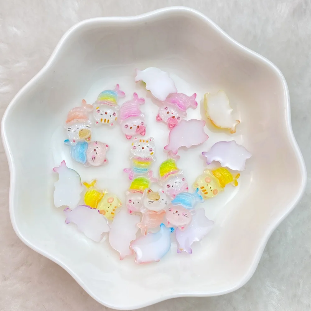 50Pcs New Cute Resin Mini Little Cat Mermaid Series Flat Back Manicure Parts Embellishments For Hair Bows Accessories