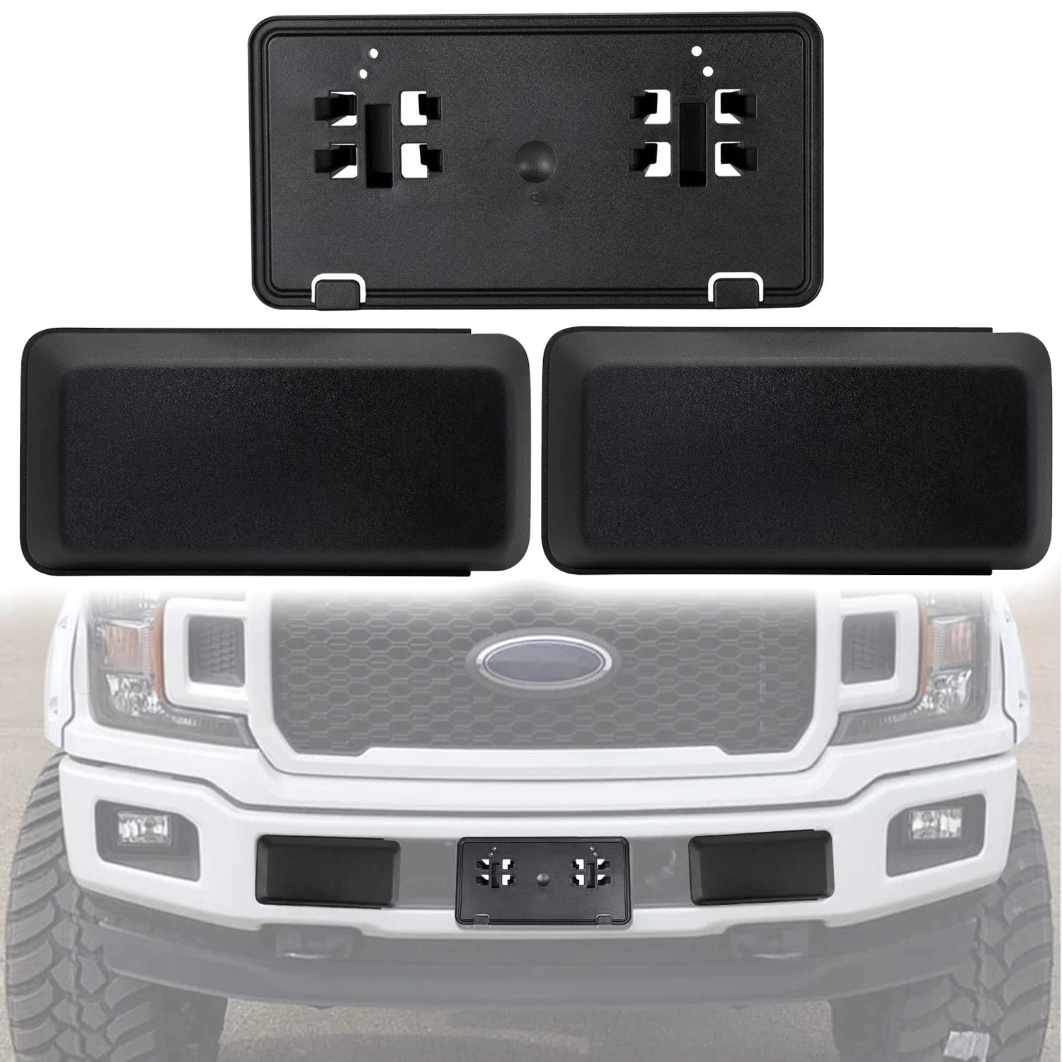 Pickup Front Bumper Guard Pads Caps + License Plate Frame Bracket For Ford F150 2018 2019 2020 JL3Z17E810AB JL3Z17A385BA