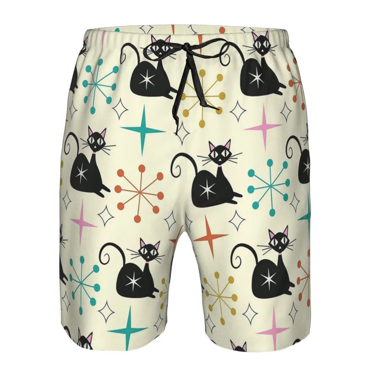 Mid Century Black Atomic Cat With Starbursts Trunks Beach Board Shorts Casual Quick Dry Swimming Summer Men Pants