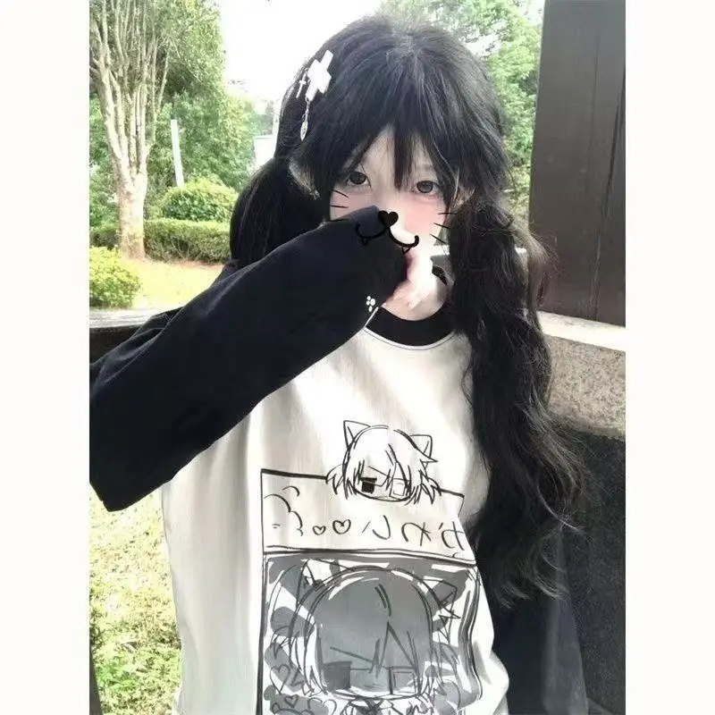Loose Long Sleeve round Neck T-Shirt Student Style Y2K Anime Cute Color Block Print Spring Summer Fashion Women's Cotton Top