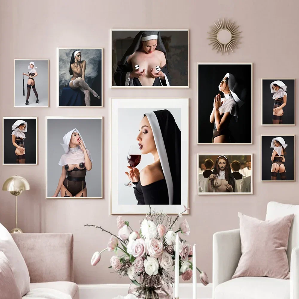 Black and White Sexy Nude Nuns Drinking Modern Pop Wall Art Canvas Painting Print Poster Home Living Room Bedroom Decor Gifts