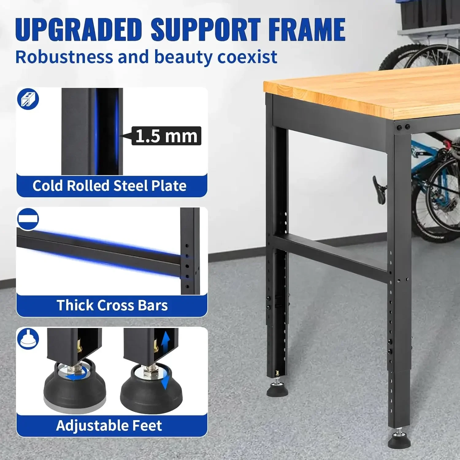 60 "ปรับ Workbench,Heavay Duty Workstation,ไม้ยางด้านบนและกรอบโลหะ & เท้าสําหรับ Workshop Office Home Garage