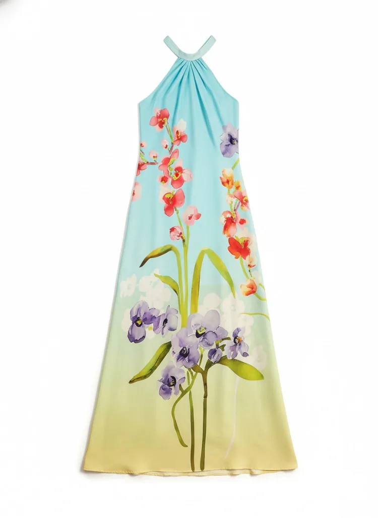 UOOZEE Damen-Kleid, elegant, mit Blumenmuster, Neckholder, Abend-Maxikleider, locker, ärmellos, kalte Schulter, Party, Abschlussball, A-Linien-Kleid