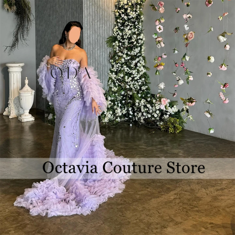 

Luxury Purple Strapless Saudi Evening Dresses Ruffles With Cape Beauty Pageant Gowns Bead Crystal Party Dress Customized