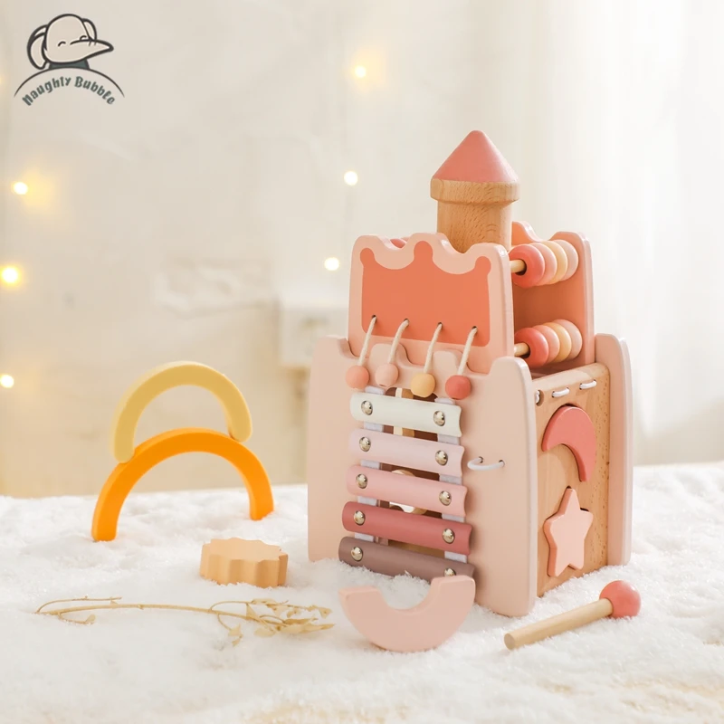 Wooden Baby Montessori Toys Castle-shaped Stacking Blocks Shape Matching Box The Music Hits The Pieces The Baby Plays House Gift