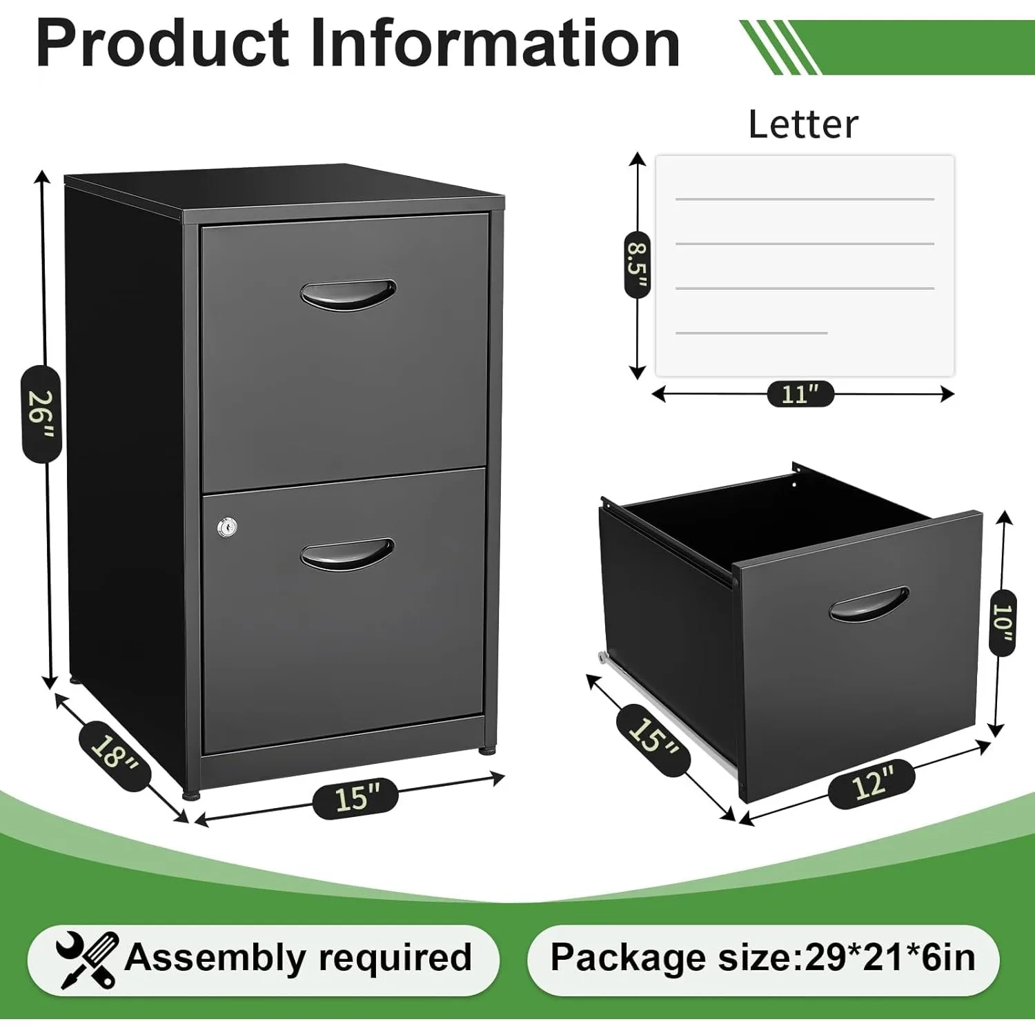 2 Drawer File Cabinet with Lock,Black Small Filing Cabinet for Home Office,Metal Vertical File Under Desk Cabinets for A4/Letter