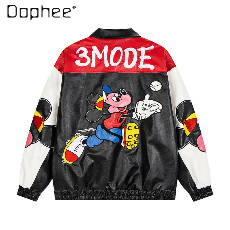 

Hipster Cotton-padded Jacket 2024 Winter New Trendy Brand Color Matching Cartoon Embroidered Leather Jacket for Men and Women