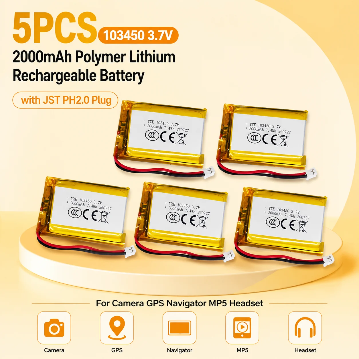 103450 3,7V 2000mAh Wiederaufladbarer Li-Po-Akku mit PH2.0 2-Pin-Anschluss für GPS-Kamera, Navigator, MP5, Bluetooth-Lautsprecher, POS, Dashcam