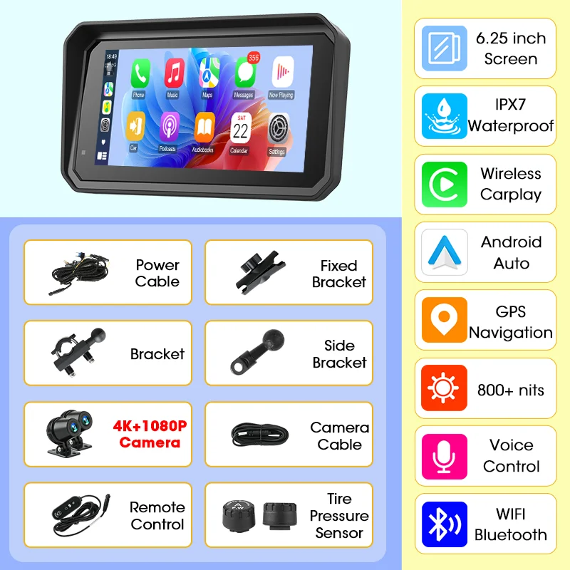 Jansite 6.25 inch 4 K/1080 P Motobike Draadloze Carplay Android Auto Digitale Motorfiets Dashboard GPS Navigatie Moto accessoires