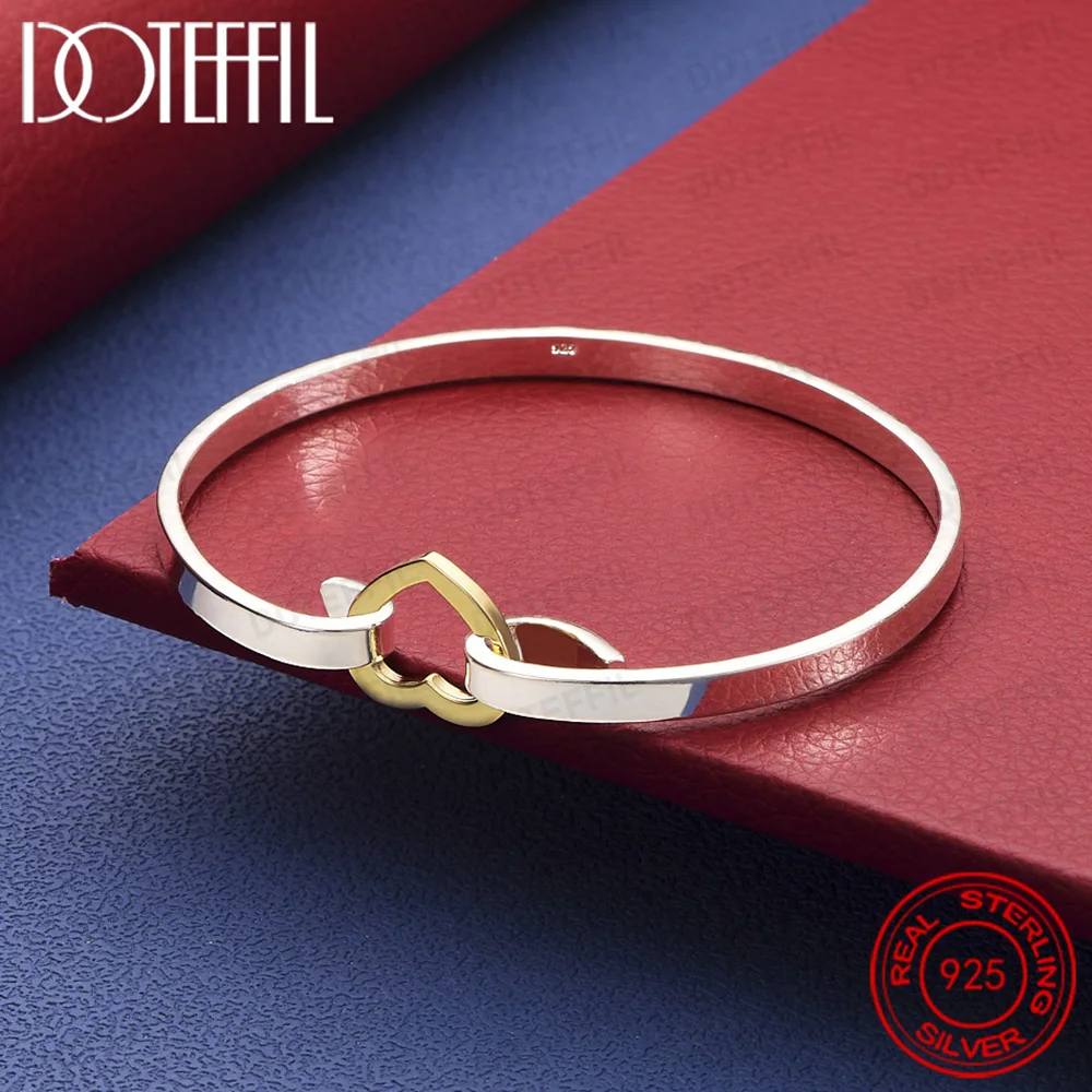 

925 Sterling Silver Gold Heart Bangle Bracelet For Woman Wedding Engagement Fashion Charm Party Jewelry