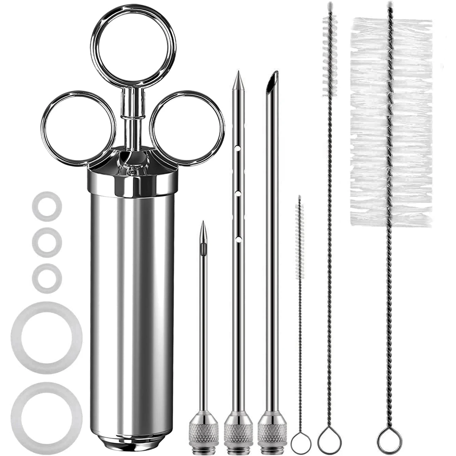 Leeseph 304-Stainless Steel Meat Injector Syringe with 3 Marinade Needles for BBQ Grill Smoker, 2-oz Large Capacity