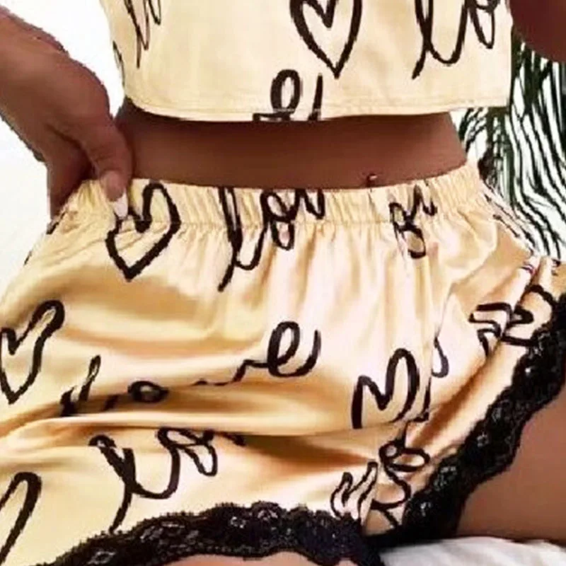 European American Pajama Sets women's cute printed pajamas spring summer home fashionable lace patchwork suspender set Lounge