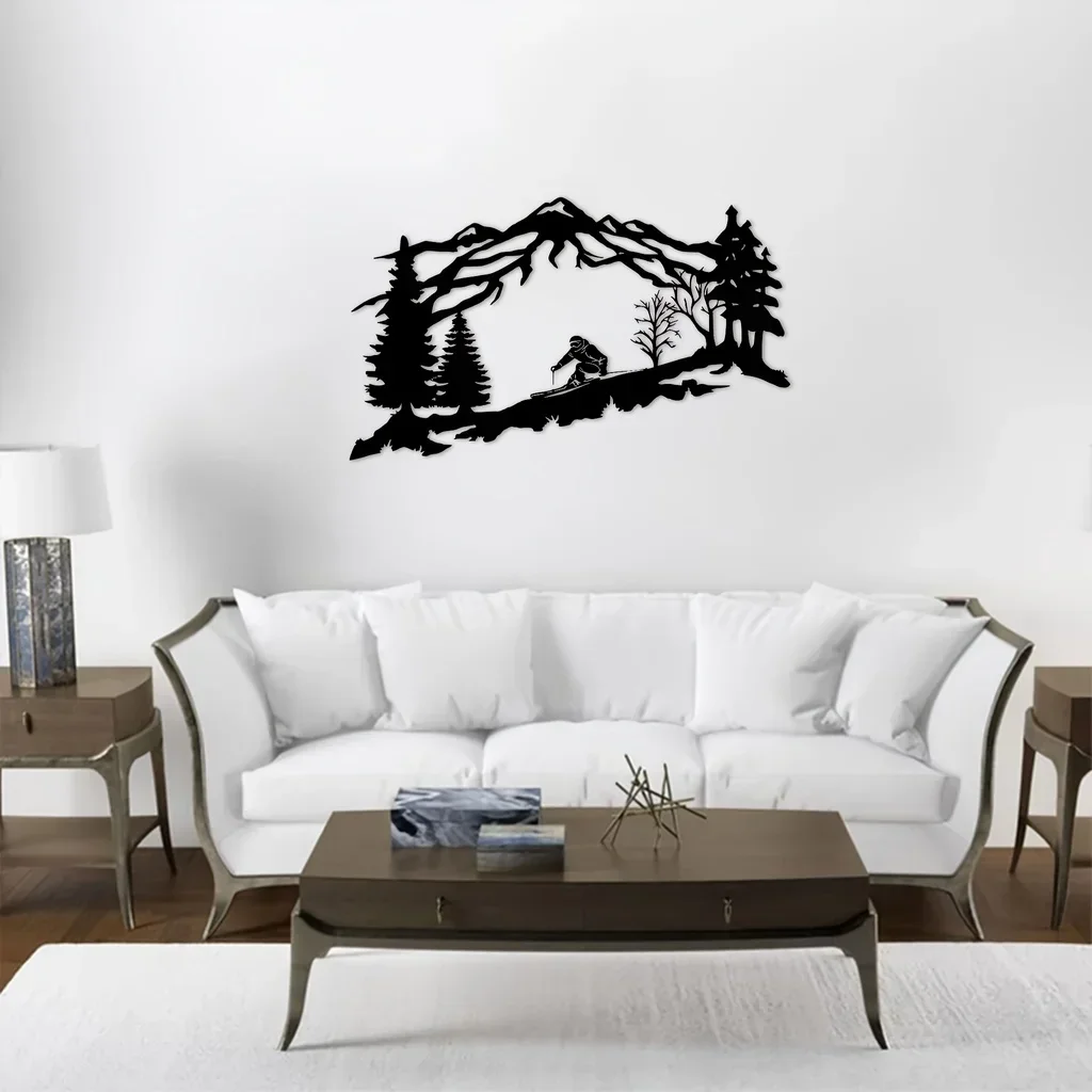 Mountain And Trees Themed Wall Art Metal Wall Decor, Metal Skier Wall Art, Ski Lover Gift Home Decor metal wall hanging