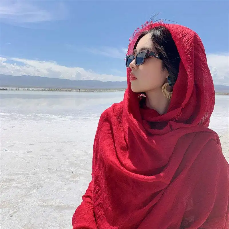 Lightweight Cotton Linen Scarf Women's Summer Travel Sun Protection Photography Props Desert Tour Ethnic Style Red Scarf