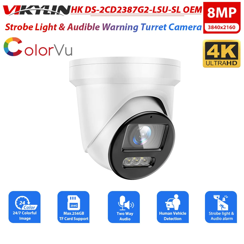 Vikylin 8MP ColorVu Acusense IP Camera 4K For Hik DS-2CD2387G2-LSU/SL Strobe Light Sound Alarm Two-way Audio Human Vehicle Detac