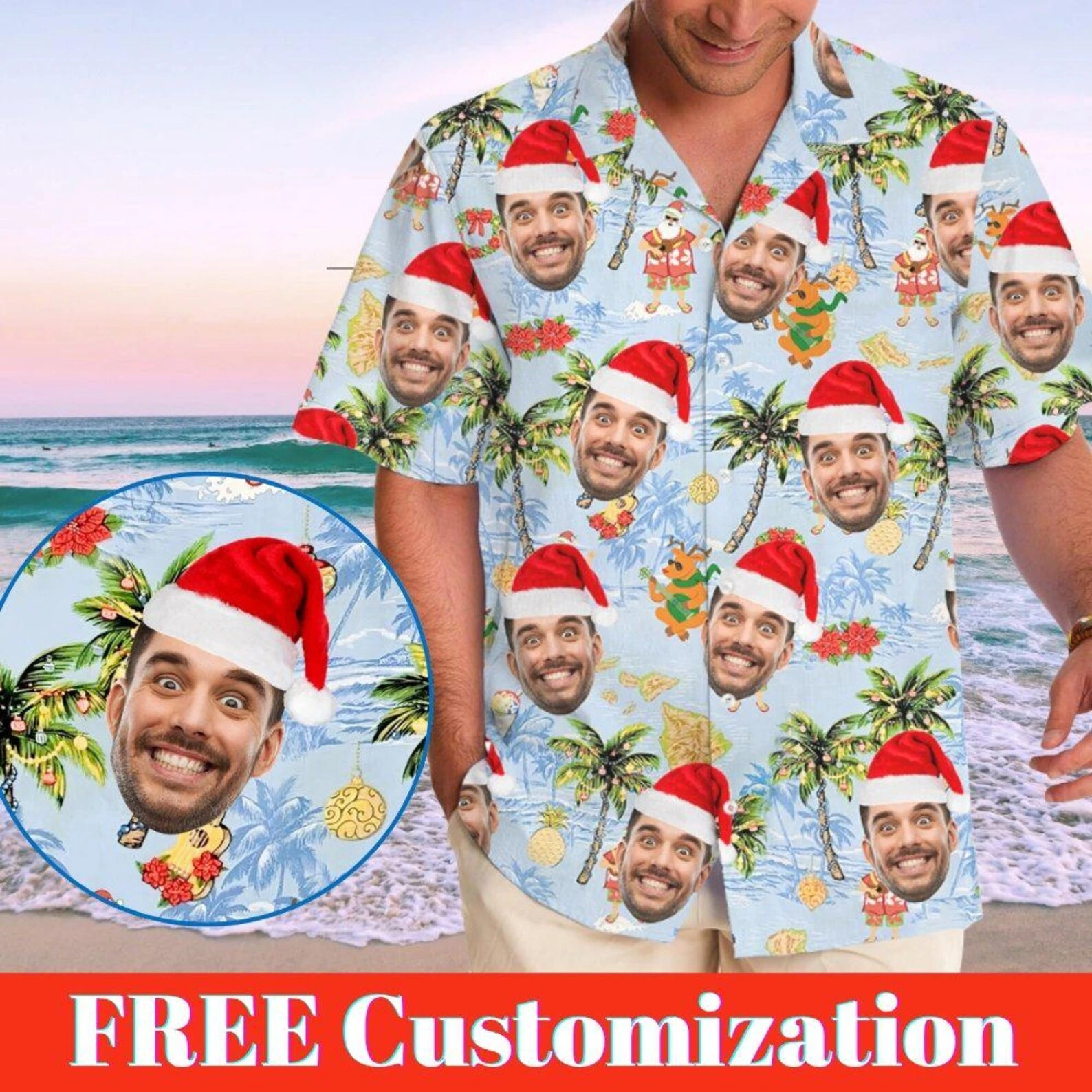 

Funny Unisex Hawaiian Custom Christmas Face 3D Photo Print Button Diy Photo Shirt Short Sleeve Designer Shirts Clothes Xmas Gift