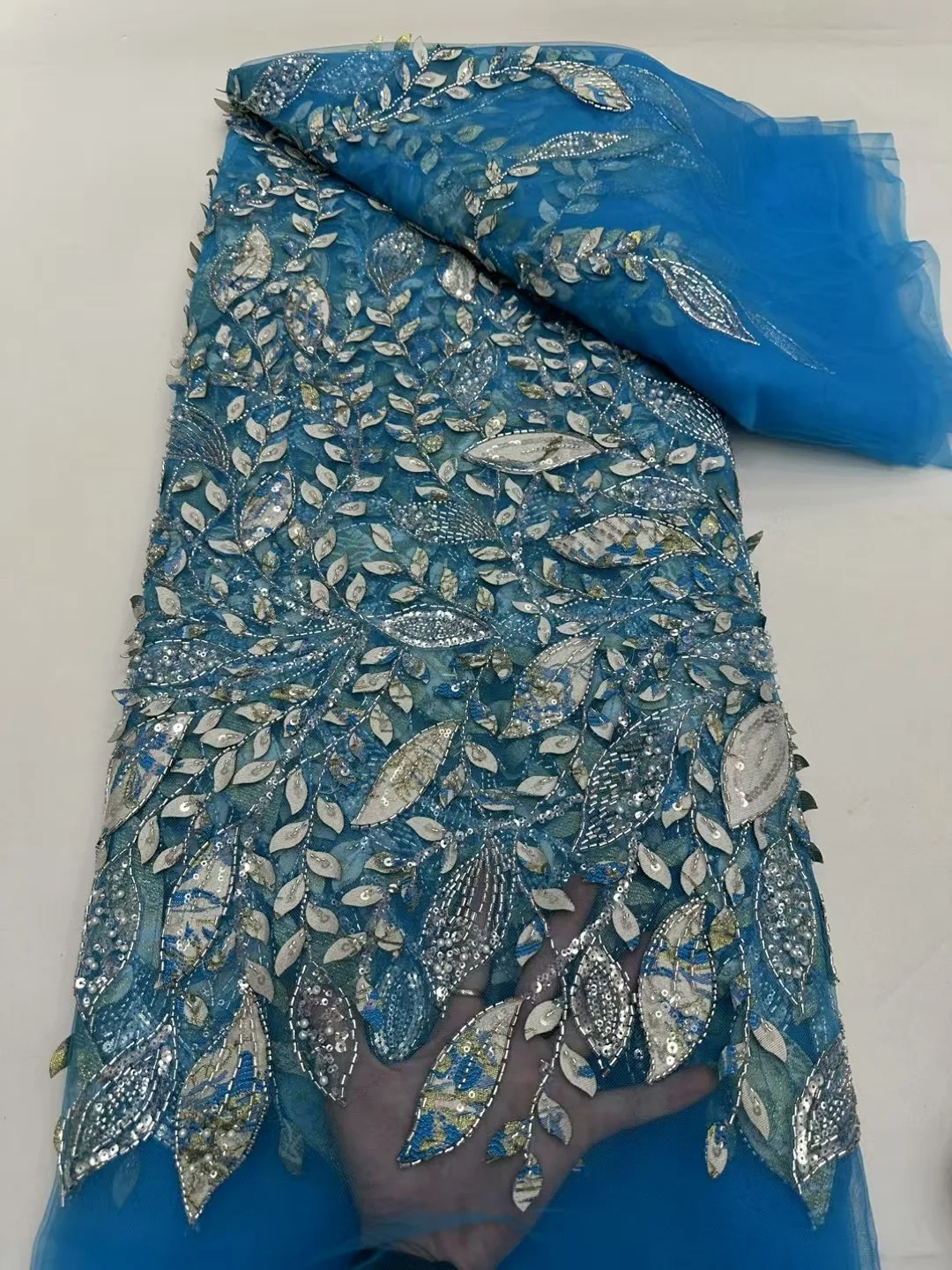 

Wholesale African Beaded Lace Fabric French Bridal Sequins Lace Fabric 2025 Luxury Nigerian Tulle Lace Fabric Couture Materiel
