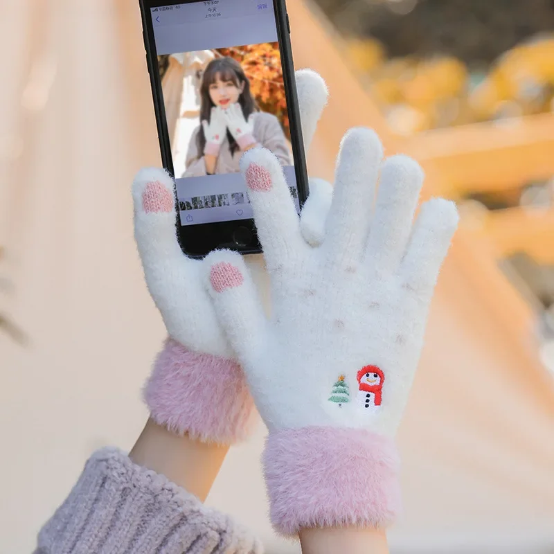 Теплые мягкие пушистые женские перчатки с полным пальцем и сенсорным экраном, милые вязаные перчатки с пятью пальцами и вышивкой снеговика, модные зимние