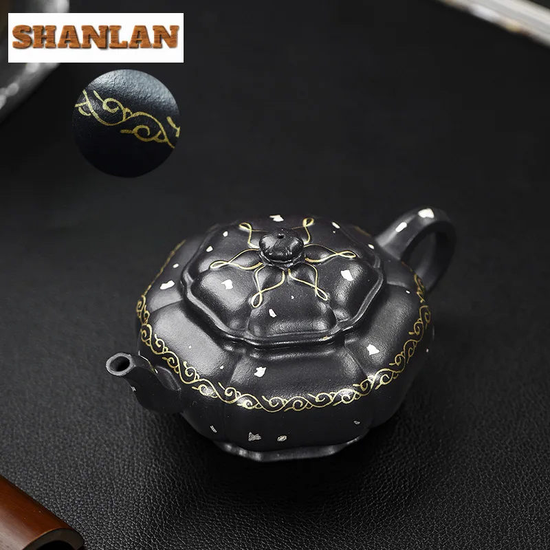 

320ml Yixing Purple Clay Teapots Handmade Gold Drawing Ruyi Pot Raw Ore Black Violet Mud Tea Infuser Kettle Zisha Tea Set Tea