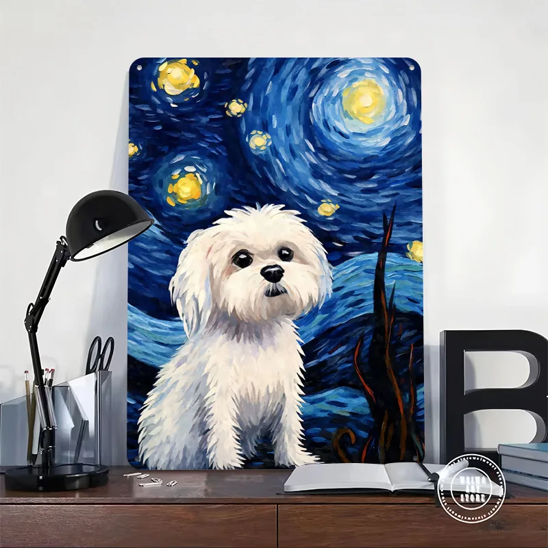 Maltese Dog Starry Night Tinplate Posters Customizable Wall Art Retro Vintage Metal Signs for Home Room Office Decor Wand Deko