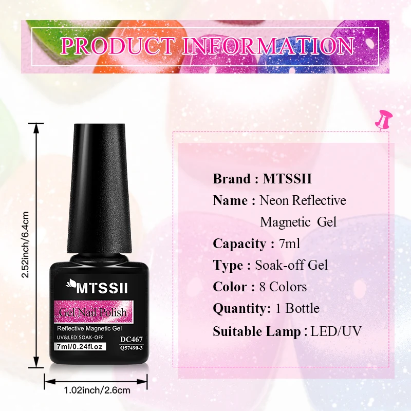 MTSSII 7ml Reflective Glitter Magnetic Gel Fluorescent Green Semi Permanent Neon Glitter Gel Nail Polish Nail Art Polish